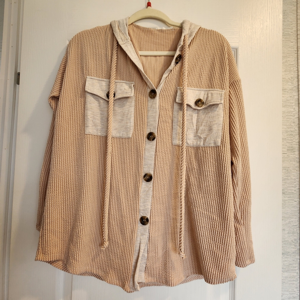 Reborn J Beige Textured Button-Up Hoodie Blouse